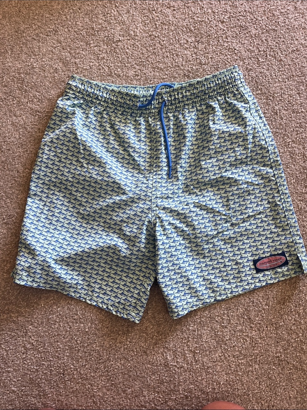 Vineyard Vines Light Blue & Navy Whale-Pattern Swim Trunks Boys Size Large